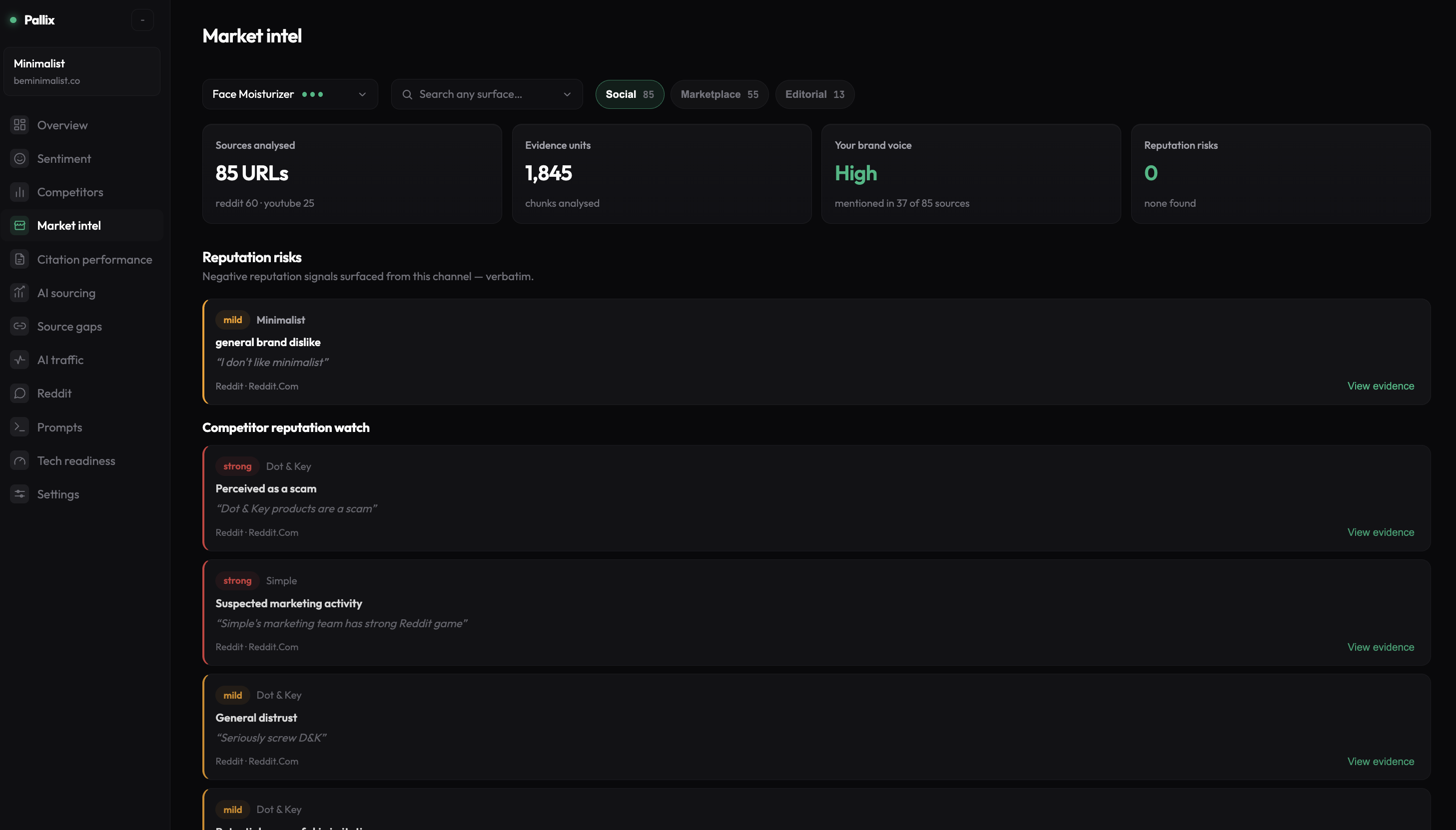 Pallix dashboard — Market intel