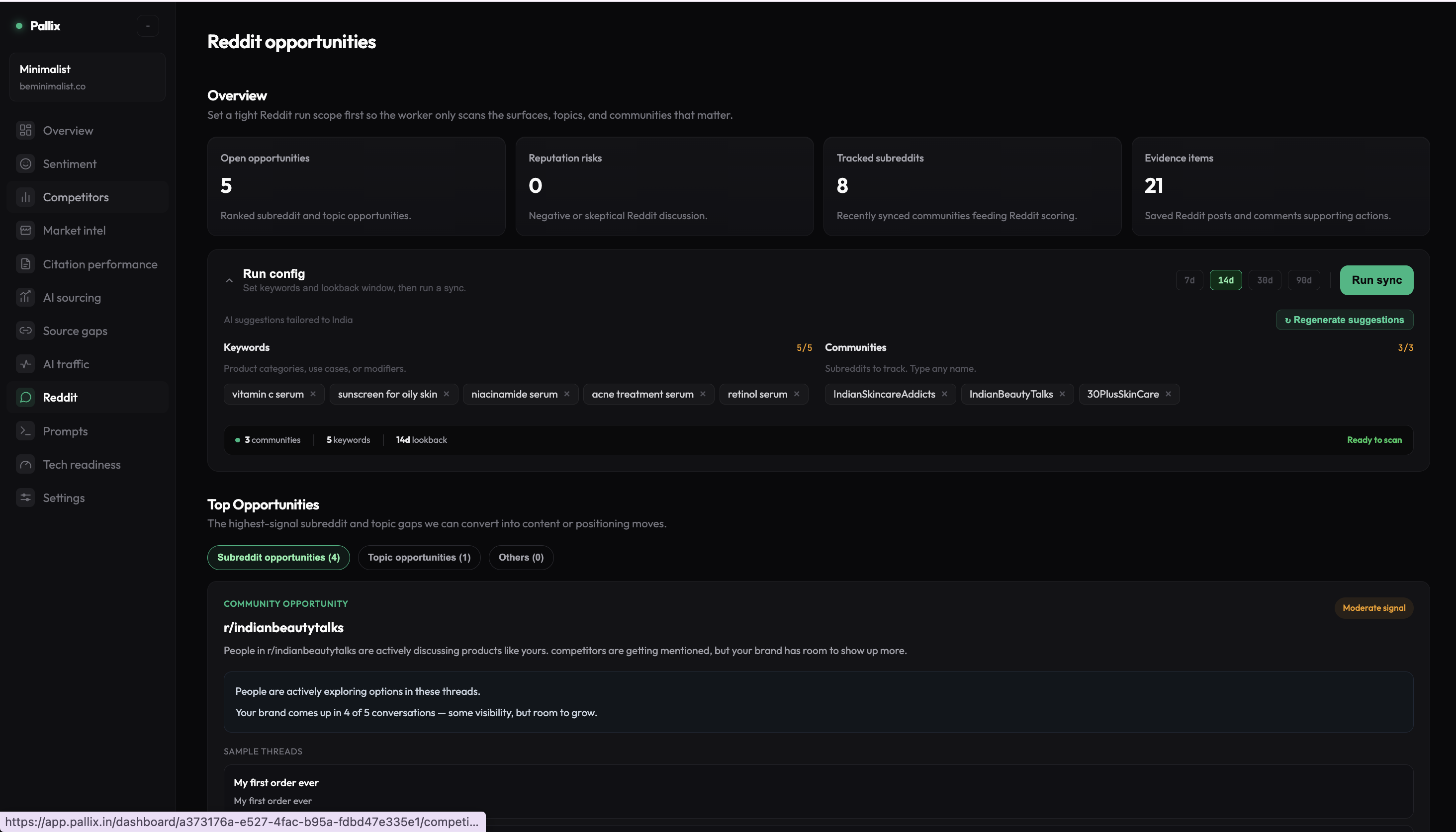 Pallix dashboard — Reddit opportunities